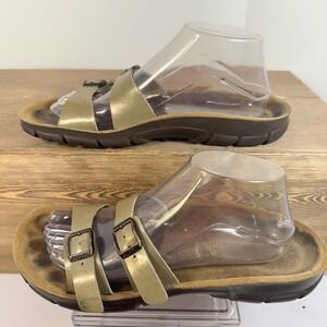 Birkenstock Alpro Sandals SZ 40/W9 M7 Narrow Brown Gold Double Strap Cork Slide